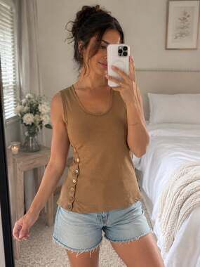 The Swing Top Bleusalt Tan with Button Detail Minimalist Cottagecore